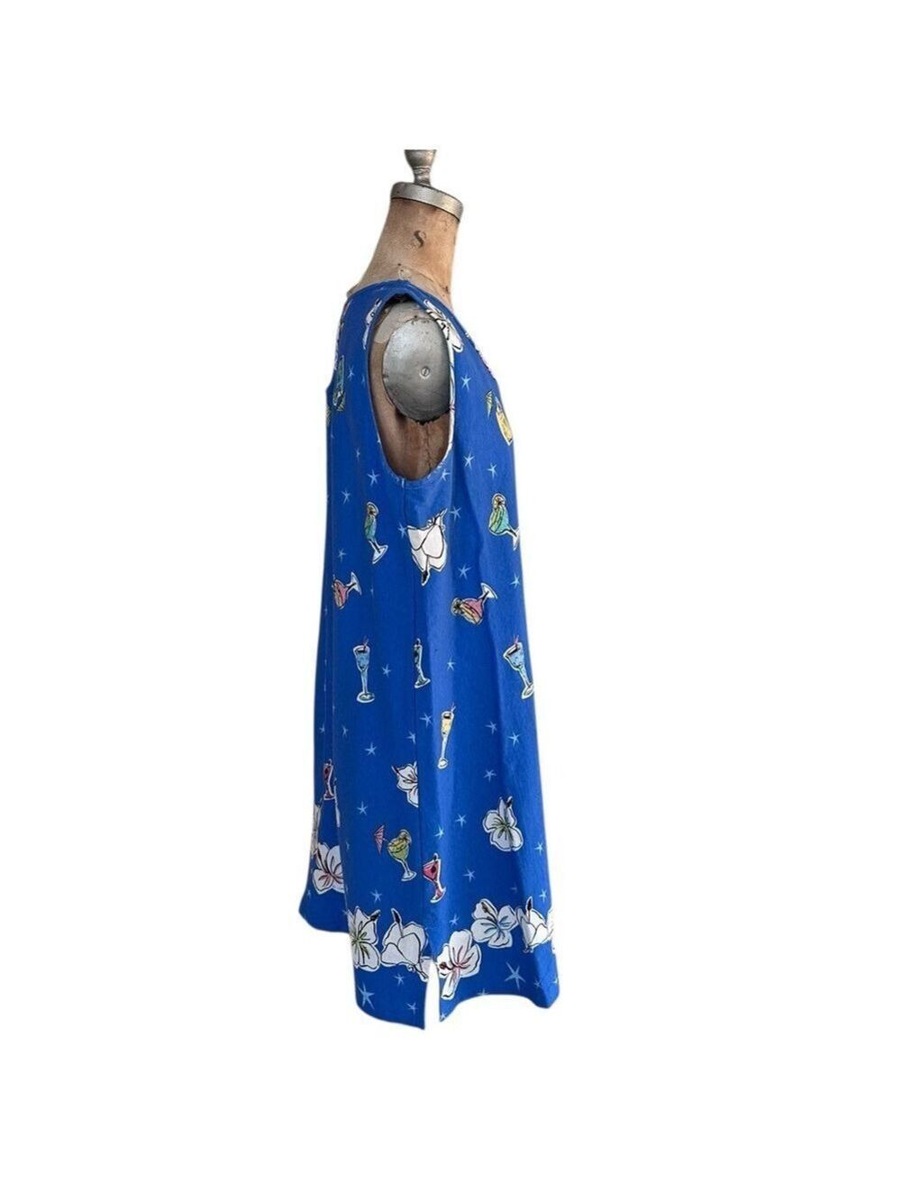Dee California Vintage Blue Floral/Cocktails Women's Shift Dress Cotton Size XL - Picture 4 of 7